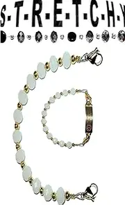 [Hidden Hollow Beads] Women's Gold & White Beaded Stretchy 6.5 or 5.5 inch long Medical Alert ID Interchangeable Replacement Bracelet, Identification Vital info tag