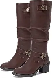 [SelenePair] Women's Knee High Boots Fashion Round Toe Buckle Strap Slouchy Mid Chunky Block Heel Boot