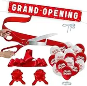 Grand Opening Red Ribbon Cutting Ceremony Kit - 25" Giant Scissors with Red Satin Ribbon, Banner, Balloons,Bows and More Supplies Grand Opening Decorations for Business