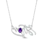 Oval Amethyst and Natural Diamond Accent "Strong" Script Necklace in Sterling Silver