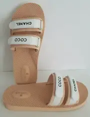 CHANEL ICONIC BAYWATCH BEIGE WHITE COCO LOGO POOL SLIDES FLIP FLOP I LOVE SHOES