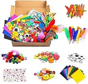 1000Pcs DIY Art Craft Kit for Kid Handmade Supplies Kit Project Scrapbook Craft Kit Flash Pompoms, Feathers, Buttons, Children's Sequins Art Supplies, Pipe Cleaner