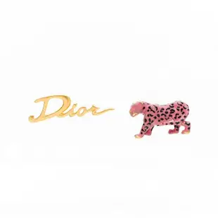 【Dior 迪奧】D-Charms Pop 不對稱粉色花豹+文字logo耳環(金色)