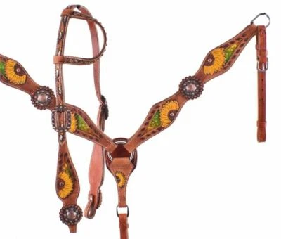 Hand Painted Sunflower with Metallic Inlay Headstall & Breast Collar & Reins NEW