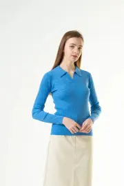 Merinosnug Ribbed Collared Long Sleeve Top – 100% Wool, Blue / L