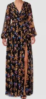 $350 Aidan Mattox Woman Black Floral Print Cutout-Detail Dress Size 2