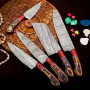 Handmade Damascus Kitchen Knife Set 5PCS Wood Handle With Leather Sheath