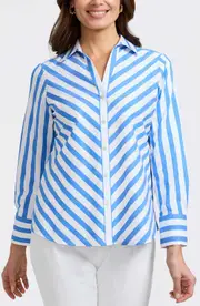 Foxcroft Mary Stripe Long Sleeve Cotton Sateen Button-Up Shirt in Cobalt Blue/White at Nordstrom, Size 16