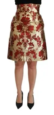 Dolce&Gabbana Women Gold Red Skirt Polyester Zip Jacquard Flower A-Line Bodycon