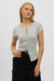 Grey Button Front Top Short Sleeve - Size 12M, Women's Top