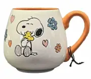 Peanuts SNOOPY & WOODSTOCK Coffee Mug Cup White Orange Colorful Flowers Etched