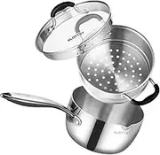 SLOTTET Tri-Ply Whole-Clad Stainless Steel Saucepan with Steamer,2.5 Qt Small Multipurpose Pot with Pour Spout,Strainer Glass Lid, 2 Quart Sauce Pan for Cooking with Stay-Cool Handle.