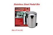 5L 27cm Stainless Steel Pedal Rubbish Bin w Handle Trash Waste Garbage Can Metal Stylish