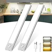 Yakiter Motion Sensor Closet LED Lights, 2 Packs 3-Color Dimming 2500mh Rechargeable Under Cabinet Night Light, 30cm Slim Magnetic Closet Light, Wireless Light for Kitchen, Staircase, Wardrobe(2)