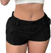 [Doloame] Women Sexy Y2K Cargo Shorts Solid Retro Low Cut Elastic Pocket Joggers Denim Short Sweatpant Streetwear