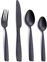 Matte Black 24 Pcs Silverware Flatware Set of 6, FULLYWARE Stainless Steel Hammered Tableware Cutlery Set, Includes Fork Spoon Knife for Home Kitchens, Dishwasher Safe
