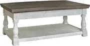 [Signature Design by Ashley] Havalance Farmhouse Lift Top Coffee Table with Fixed Shelf and 2 Hidden Storage Trays, Gray & White with Weathered Finish