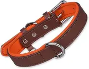 Modixun Heavy Duty Leather Dog Collar with Adjustable Metal Buckle, Soft Padded Contrasting Colors Pet Collar, Fit for Medium Dogs 28-37cm Neck, M, Brown and Orange