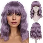 QUEENTAS Purple Wavy Bob Wigs for Women Shoulder Length with Bangs Short Curly Wig For daily use cosplay Synthetic Hair Wig