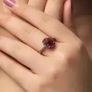925 Silver Ring 14K Gold Rhodolite Gemstone Diamond Pave Wedding Gift Jewelry