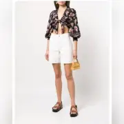 Alice + Olivia Marlee Floral Tie Front Blouson Sleeve Crop Blouse Top Small New