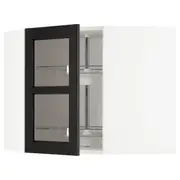 METOD corner wall cab w carousel/glass dr, white/Lerhyttan black stained, 68x37x60 cm