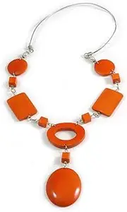 [Avalaya] Statement Orange Wood Bead Geomentric Silver Cord Necklace - 66cm L/ 13cm Front Drop, cords Wood