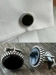 Real 925 Sterling Silver Black Onyx Stone Cuff Links Cufflinks Tuxedo Shirt