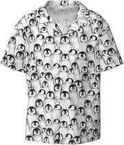 [YANYU] Cute Penguins Sketch Print Hawaiian Shirts Men Short Sleeve Button Down Cuban Collar Shirt Summer Beach Days