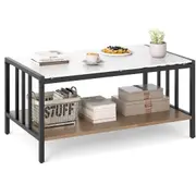 Giantex 2-Tier Coffee Table Rectangular Center Table w/Metal Frame Faux Marble Accent Cocktail Table