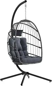 SWITTE Egg Chair With Stand - Indoor/Outdoor Hanging Swing Chair, Wicker With Cushion, 350lbs Capacity for Patio (Dark Grey)