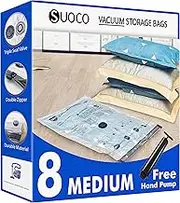 Vacuum Storage Bags 8 Medium, Space Saver Bags with Travel Hand Pump, Compression Airtight Sealer Bags for Clothes, Bedding, Pillows, Comforters, Blankets