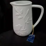 NWT Drink Pitcher By Isola Cucina Ceramic Porcelain White Bird On Branch 8"