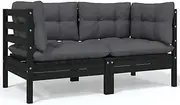 2-Seater Patio Sofa with Cushions, Black Solid Pinewood Outdoor Furniture Set - 127x63.5x62.5 cm, Modular Couch for Garden Deck and Balcony