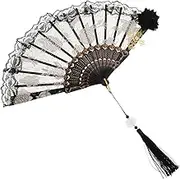 Tofficu Retro Spanish Fan Handheld Embroidered Black Lace Rose Large Folding Fan for Halloween Decor Dance Performances