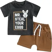 [MoZiKQin] Baby Boy Easter Outfit Bunny Short Sleeve T-shirt Top Checkered Shorts Set Toddler Boys Easter Outfits