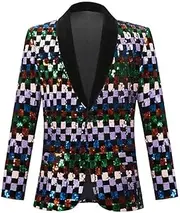 [HEYDHSDC] Men's Stage Plaid Blazers Lapel Collar Fleece Sequins Suit Jackets Dj Night Club Slim Fit Tuxedo Host Singer Costume