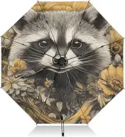 [PDZRMY] Raccoon Floral UV Protection Travel Umbrella Compact for Rain and Sun - Auto Open and Close UPF 50+ Windproof Portable 46” Sun Umbrella for Women and Men