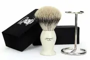 New Synthetic Silver Tip Bristles Shaving Brush Barber Ivory Handle Holder Stand