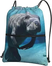 EdWal Cute Sea Animal Manatee Print Drawstring Backpack Gym Bags Sports Bags With Zipper Pocket For Travel Beach, Black, One Size