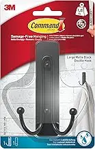 Command Large Double Bathroom Wall Hook, Matte Black - 1 Hook and 1 Water-Resistant Strip - Hook for Hanging Bath Towels - Damage Free Bath Hook with Adhesive Strip