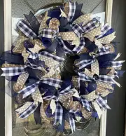 Navy Blue Plaid & Polka Dots Deco Mesh Front Door Wreath Handmade Home Decor