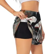 [GaxfjRu] Two Japanese Cranes Flying Traditional Painting Print Women's Running Shorts High Waisted Running Shorts Pocket Sporty Gym Elastic Short