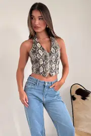 Beige Animal Print PU Top Sleeveless Halter Neck Buckled Snake Skin - Size 6XXS, Women's Crop Top