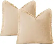 Pack of 2 Beige Decorative Pillow Covers 50x50cm Soft Cotton Couch Throw Pillows Farmhouse Cushion Covers with Fringe Hem for Sofa Bedroom Living Room Home Decor