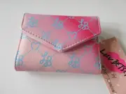 Betsey Johnson Short Tri-Fold Card Wallet Pink With Blue Printed Lettering NWT