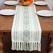 Cotton Linen Table Runner Bohemian Striped Table Runner with Tassels for Dining Party Holiday (Green, 13.5''x71'')