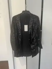 HAODUOYI Woman’s Large Black All Over Sequined Open Front Jacket NWT