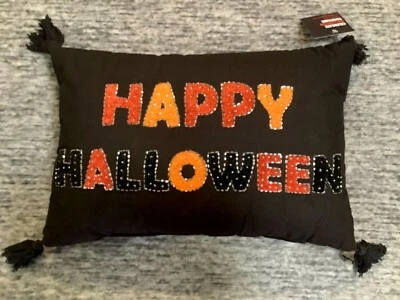 Happy Halloween 12" x 18" Beaded Embroidered Throw Pillow Black with Tassels NWT