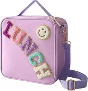 Insulated Lunch Bag with Adjustable Shoulder Strap, Nylon Preppy Lunch Box Large Insulated Lunch Bag Reusable Lunch Tote Bag with Smiley Preppy LunchBag for Girls School Travel Picnic (Purple)